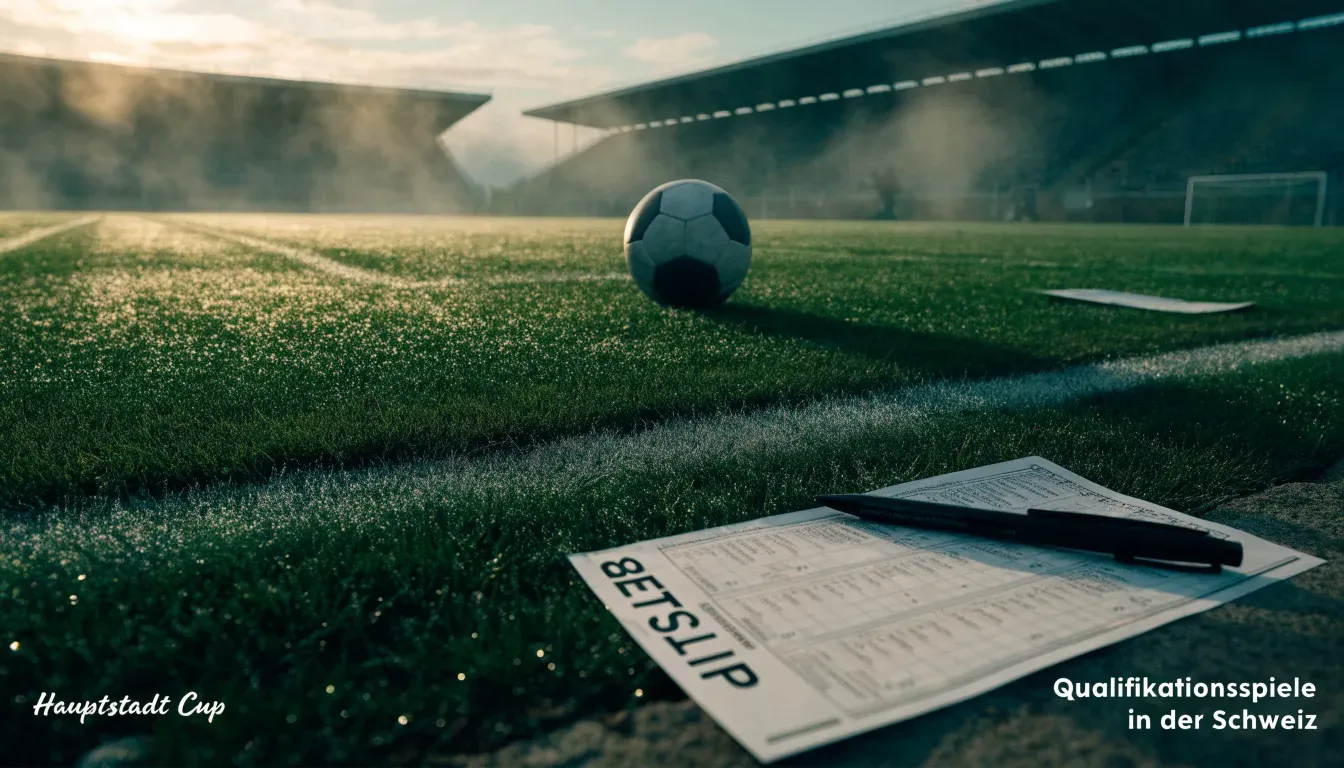 Ein einzelner Fussball liegt auf dem Anstosspunkt eines leeren Rasenplatzes am frühen Morgen, Tau glitzert auf dem Gras, die Tribüne liegt im Dunst.