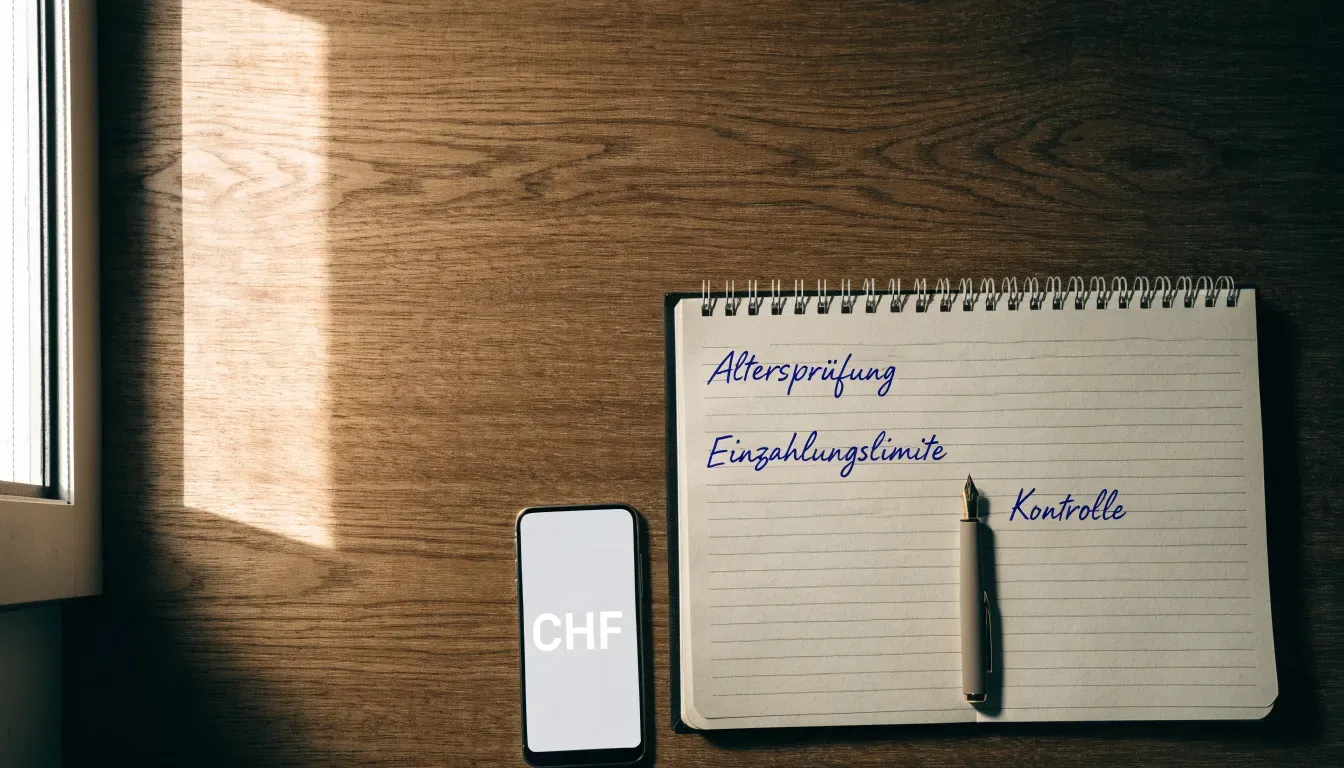 Ein schwerer Holztisch in einem hellen Büro mit einem leeren Notizblock und einem Füllfederhalter, Licht fällt durch ein hohes Fenster.