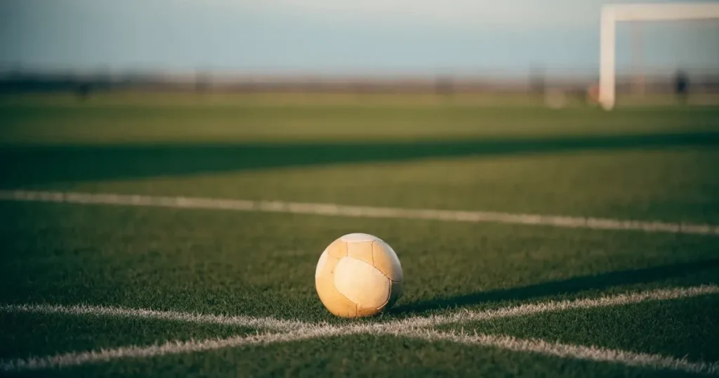 Ein Fussball liegt auf dem Mittelkreis eines Rasenfelds, die weissen Linien kreuzen sich auf dem gepflegten Gras im warmen Abendlicht.