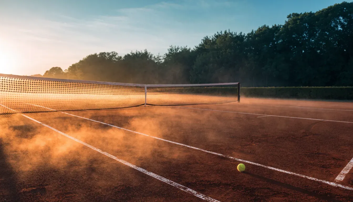 Ein Tennisplatz bei Sonnenaufgang, die Linien frisch gezogen, das Netz in der Mitte und Nebel über dem Boden.
