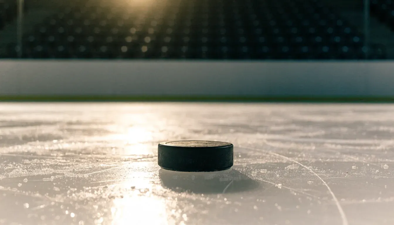 Ein Eishockeypuck liegt auf dem Eis, im Hintergrund unscharf die Bande unter hellem Hallenlicht.