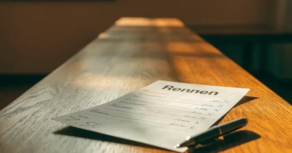 Ein leerer Wettschein aus Papier liegt neben einem Kugelschreiber auf einem Holztisch, weiches Licht fällt von der Seite.