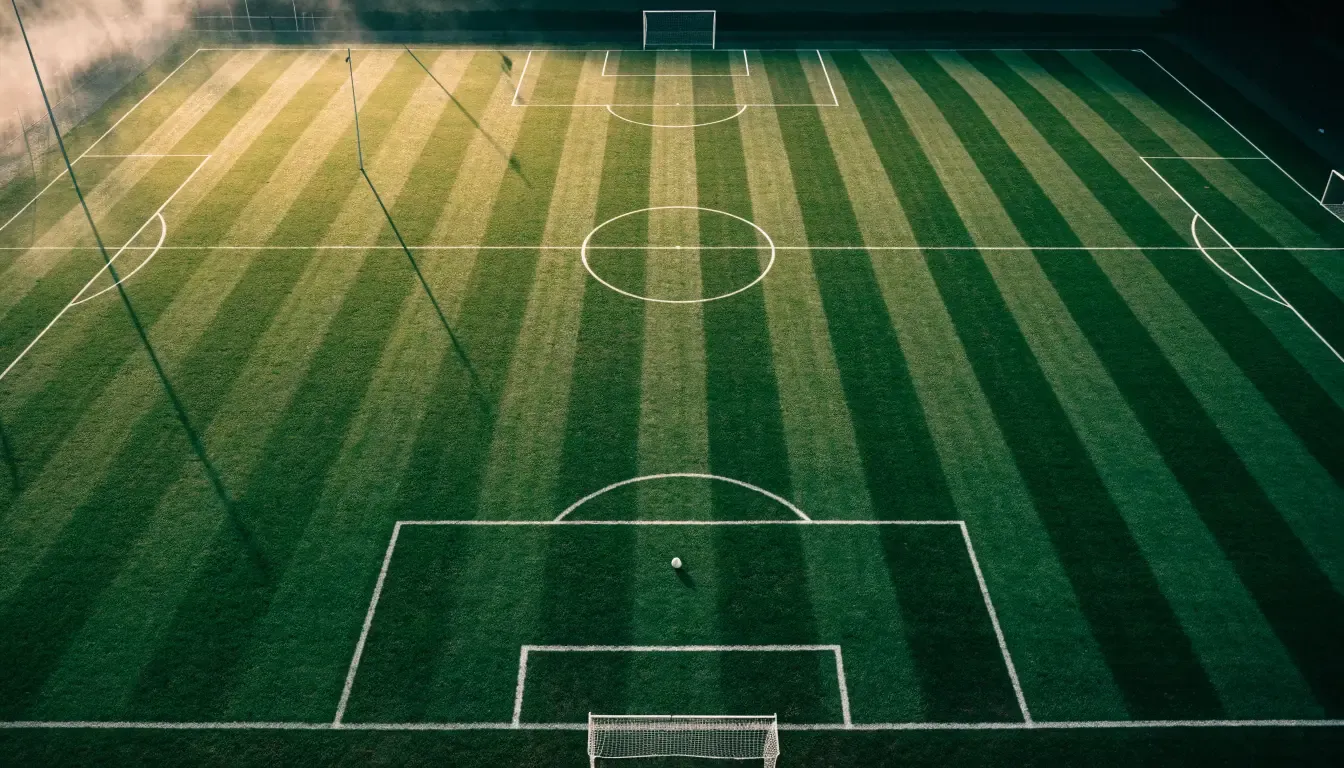 Ein Fussballplatz von oben gesehen, die Linien bilden ein helles Muster auf dem Rasen, Drohnenperspektive in der Morgendämmerung.