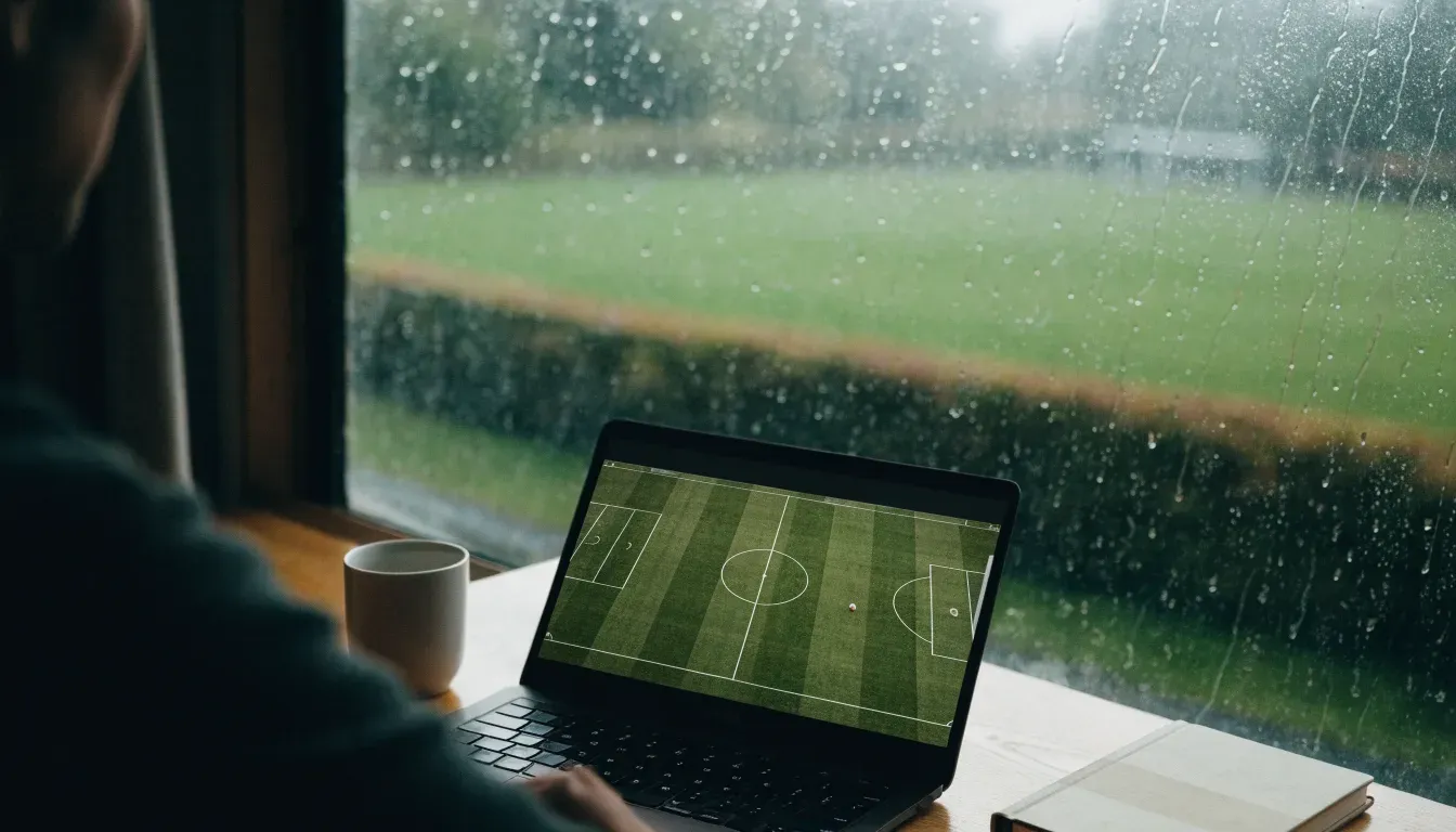 Ein Sofa mit Wolldecke steht vor einem grossen Fenster, draussen Regen und in der Ferne ein Fussballplatz.