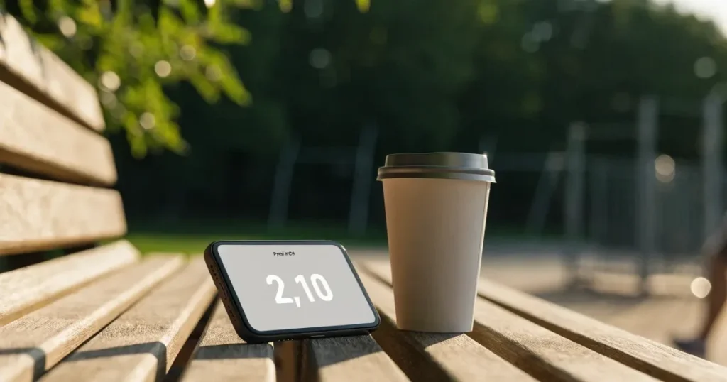 Ein Smartphone mit dunklem Display liegt auf einer Parkbank, daneben ein Kaffeebecher, im Hintergrund ein Spielplatz.