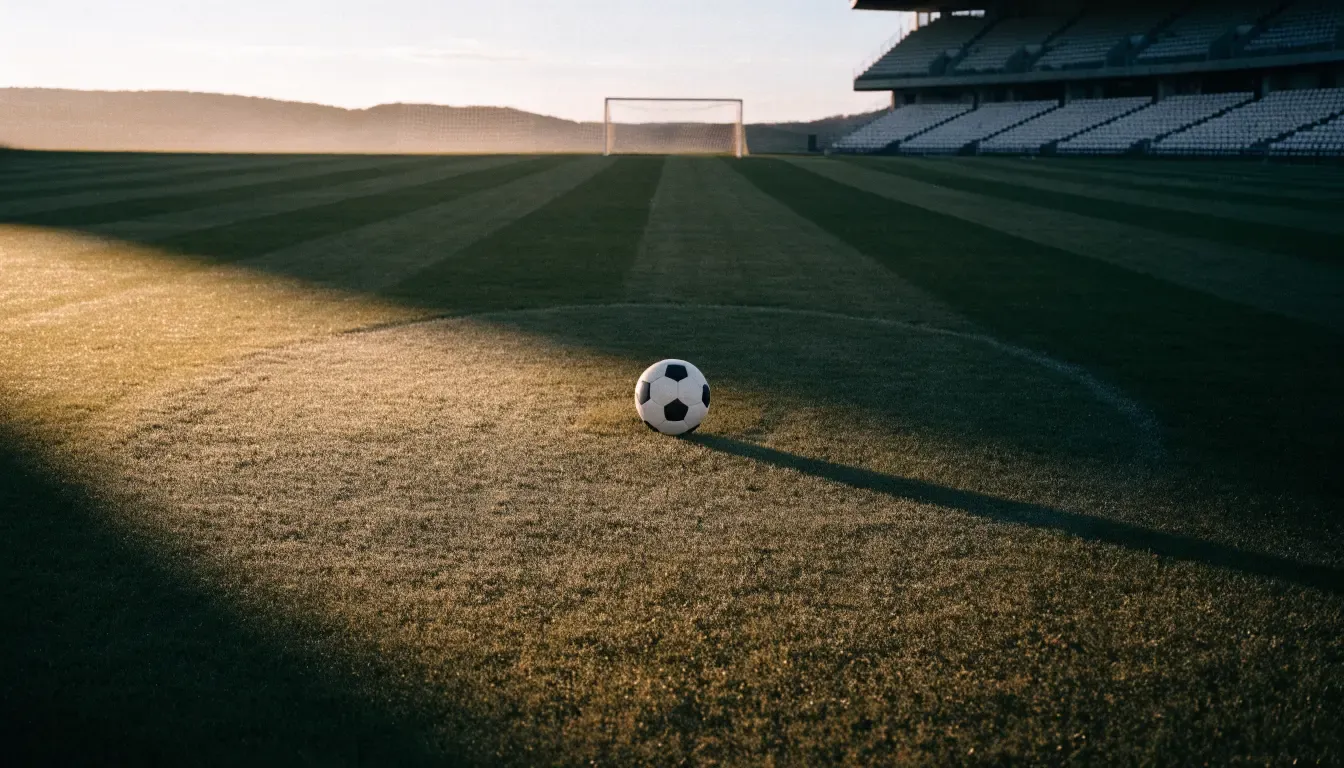 Ein Fussball liegt auf dem Anstosspunkt eines leeren Rasenplatzes im frühen Morgenlicht, dahinter erhebt sich eine menschenleere Tribüne.