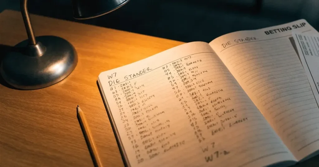 Ein aufgeschlagenes Notizbuch mit handschriftlichen Strichlisten und Spalten liegt neben einem Bleistift auf einem Holztisch im warmen Licht einer Schreibtischlampe.