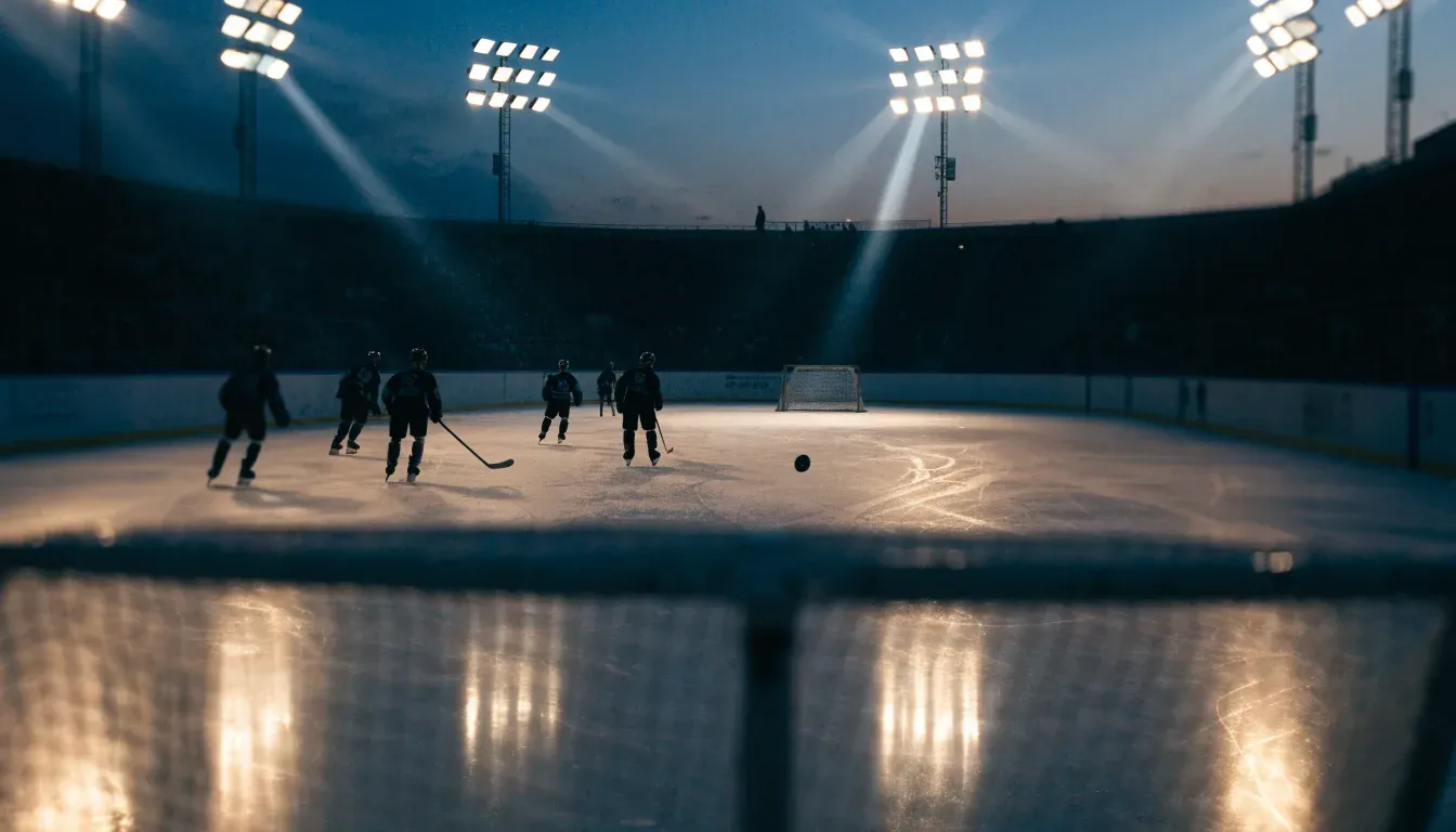 Ein grosses Eisstadion aus der Ferne gesehen, hell erleuchtet von Flutlicht in der Abenddämmerung, davor eine leere Strasse.
