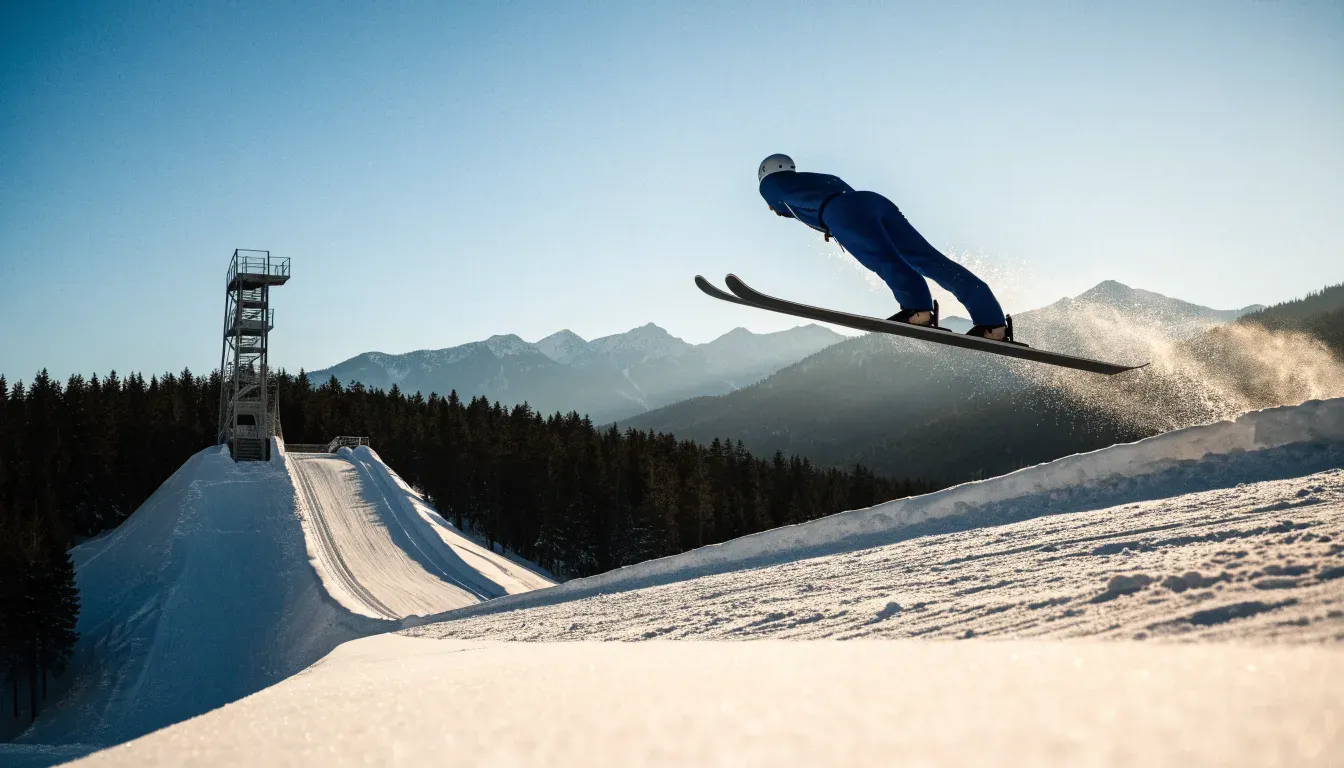 Eine Skisprungschanze erhebt sich vor verschneiten Bergen im Morgenlicht, die Hänge sind unberührt und ruhig.