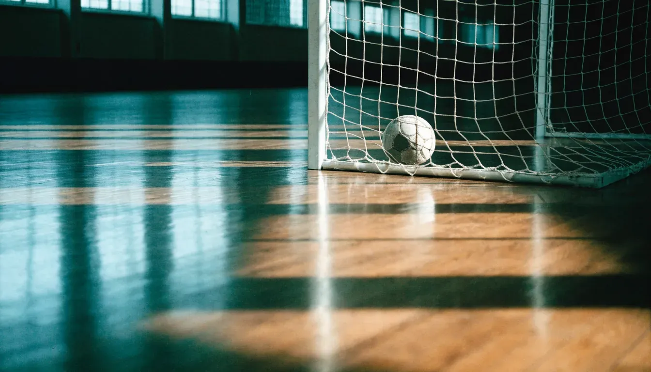 Ein Handballtor in einer leeren Sporthalle, der Ball liegt im Torraum und das Hallenlicht spiegelt sich im Parkett.