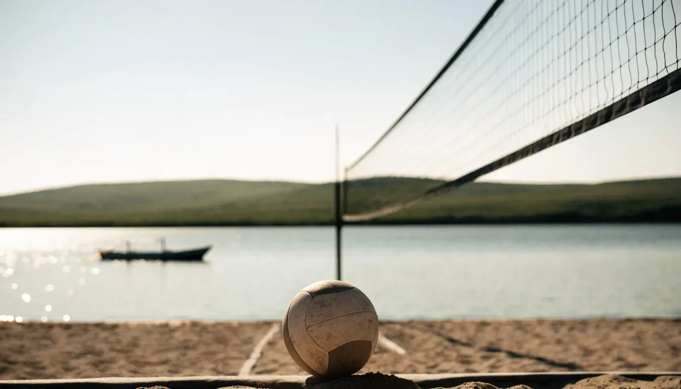 Ein Volleyball liegt im Sand eines Spielfelds am Seeufer, im Hintergrund gleitet ein Boot über das Wasser.