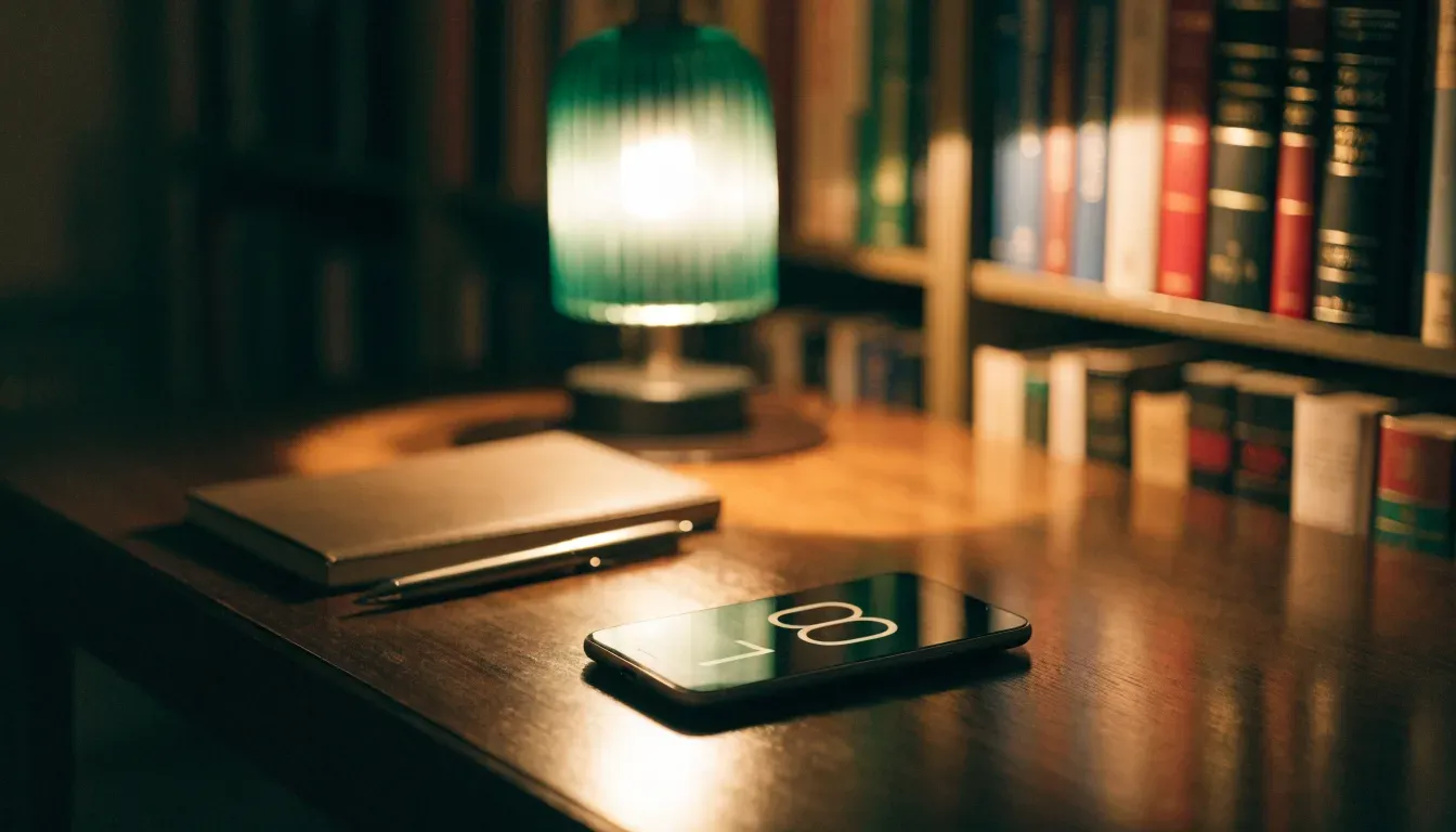 Eine Tischlampe mit grünem Schirm leuchtet auf einem Schreibtisch in einer stillen Bibliothek mit hohen Regalen.