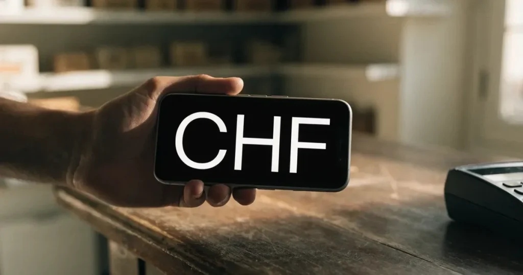Eine Hand hält ein Smartphone mit dunklem Display knapp über eine hölzerne Ladentheke in einem kleinen Geschäft.