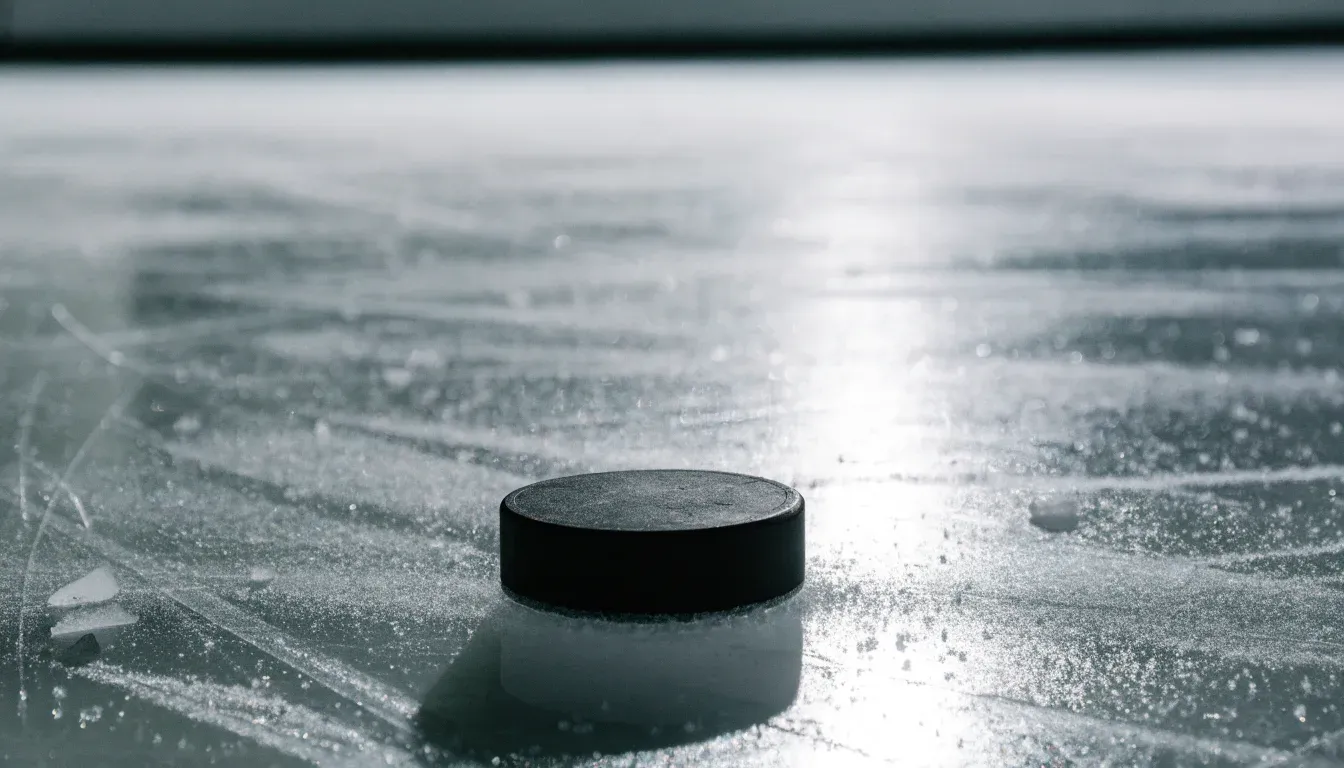 Ein Eishockeypuck liegt in Grossaufnahme auf der Eisfläche, feine Kratzer im Eis glänzen im hellen Hallenlicht.