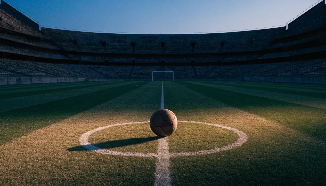 Ein Fussball liegt auf dem Mittelkreis eines leeren Rasenplatzes, dahinter ragen leere Tribünenreihen in den Abendhimmel.