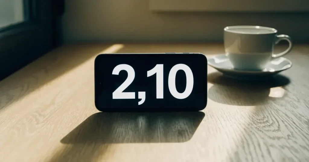 Ein Smartphone mit dunklem Display liegt auf einem hellen Holztisch neben einer Kaffeetasse, Morgenlicht fällt schräg durch ein Fenster.