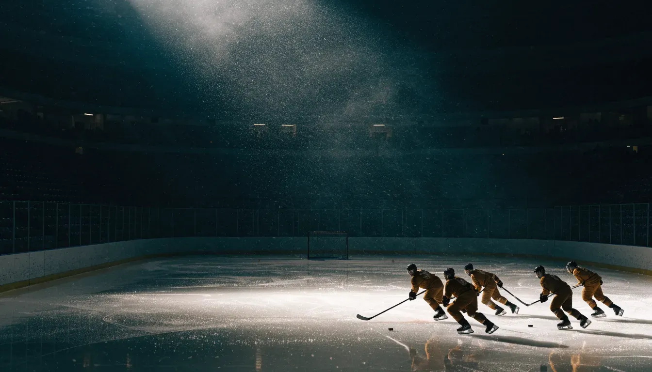 Eine Eishockeybahn liegt unter Flutlicht aus der Ferne betrachtet, leichter Schneefall treibt durch den Lichtkegel über dem Eis.