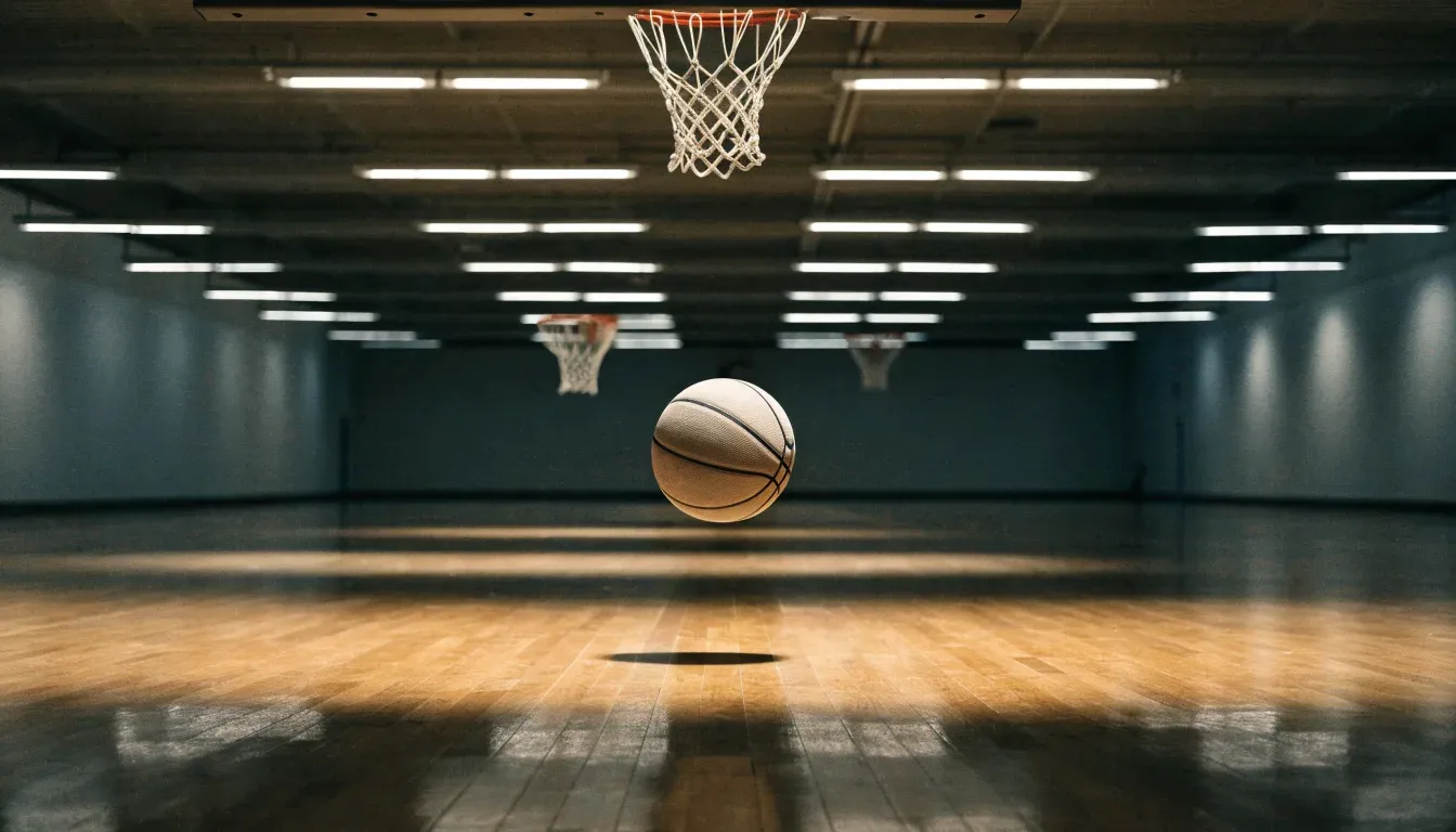 Ein Basketballkorb hängt in einer leeren Halle über einem Holzparkett, von der Decke fällt gleichmässiges Licht auf den Boden.