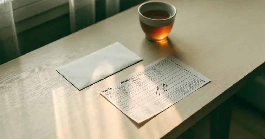 Ein Stapel schlichter Briefumschläge liegt auf einem Küchentisch neben einer Tasse Tee, durch das Fenster fällt Morgenlicht.