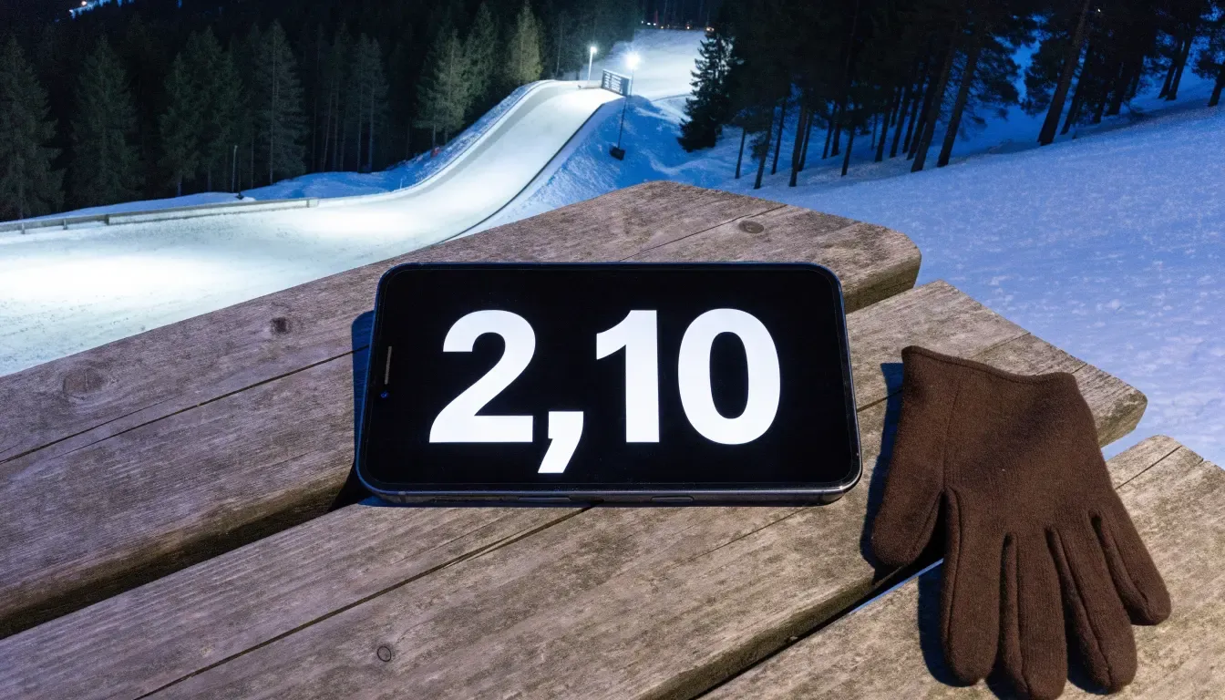 Eine Skisprungschanze steht am Abend im Flutlicht, aus der Ferne betrachtet, umgeben von dunklem Tannenwald und leichtem Schnee.