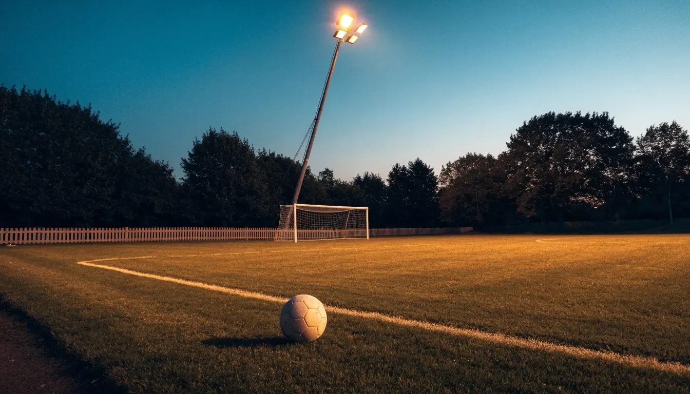 Ein kleiner Dorf-Fussballplatz liegt in der Dämmerung unter einem hohen Flutlichtmast, am Spielfeldrand steht ein Holzzaun.