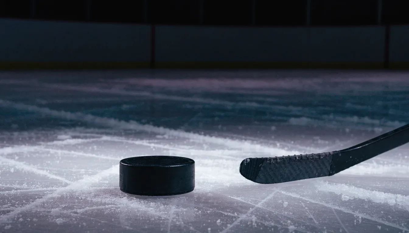 Ein Eishockeypuck liegt auf der Eisfläche neben dem Blatt eines Schlägers, die Bande dahinter ist im Dunkeln nur schwach zu erkennen.