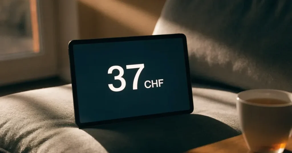 Ein Tablet mit schwarzem Display liegt auf einem Sofakissen, daneben ein Becher mit Tee, vom Fenster her fällt Abendlicht.