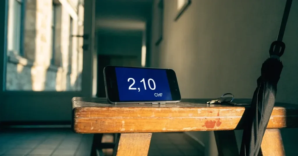Ein Schlüsselbund und ein Smartphone mit dunklem Display liegen auf einer Holzbank in einem Hauseingang, daneben ein Regenschirm.