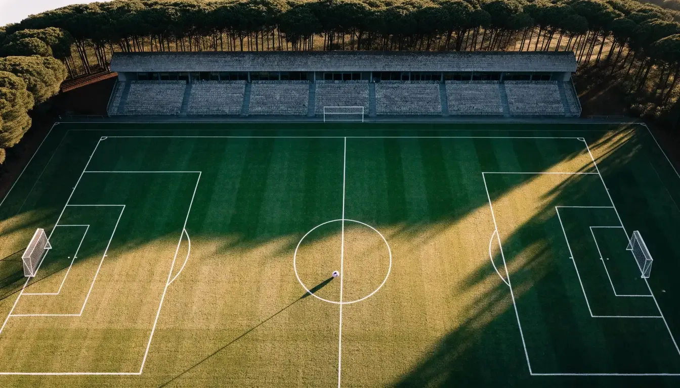 Ein Rasenplatz mit Spielfeldlinien ist von oben gesehen, ein einzelner Ball liegt in der Mitte, rundherum stehen leere Tribünen und Tannenwald.