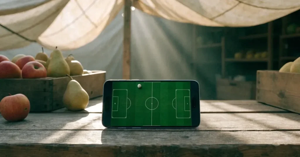 Ein Smartphone mit dunklem Display liegt auf dem Holztisch eines Marktstands zwischen Äpfeln und Birnen, morgendliches Licht fällt durch eine Plane.