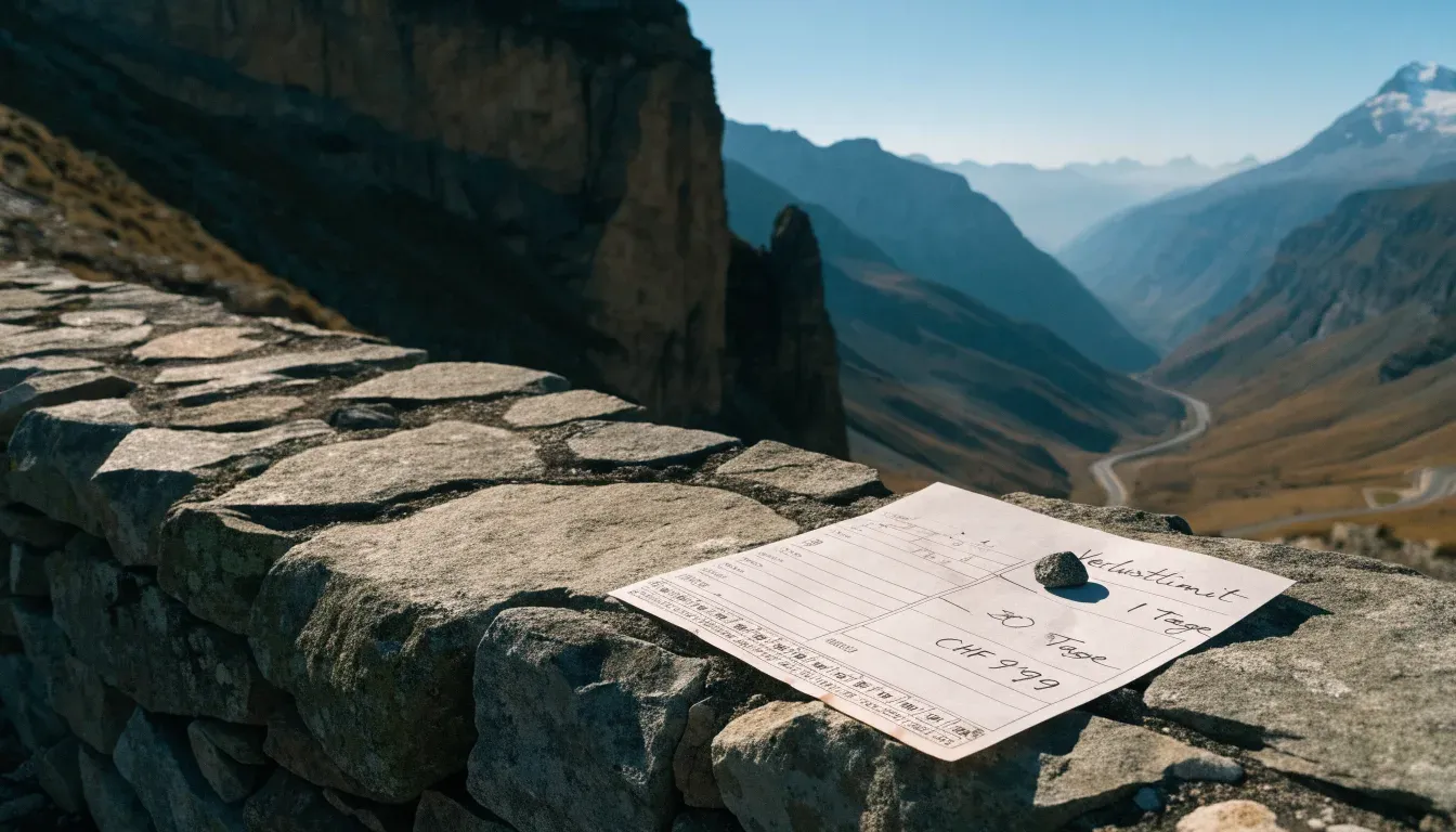 Eine Passstrasse im Hochgebirge säumt eine niedrige Steinmauer, dahinter ragen Felswände auf und der Herbsthimmel ist klar.