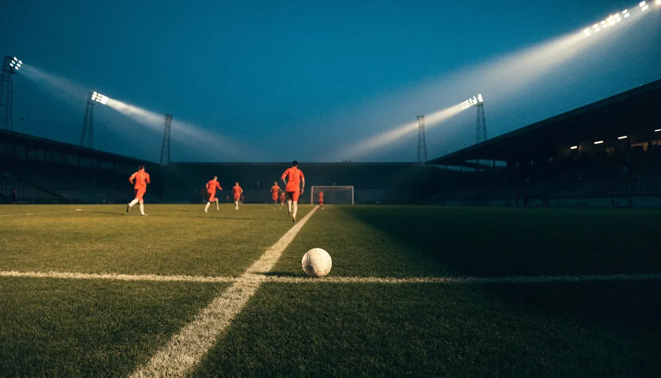 Leere Tribünenränge eines Fussballstadions in der Abenddämmerung, über dem Rasen leuchten die Flutlichter.