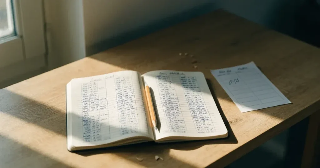 Ein aufgeschlagenes Notizbuch mit handschriftlichen Notizen und ein gespitzter Bleistift liegen auf einem hellen Holztisch im Morgenlicht.