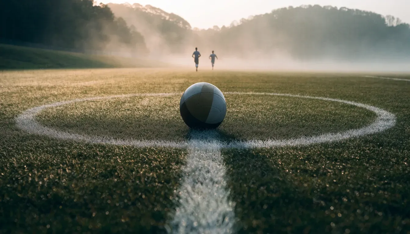 Ein Fussball liegt am frühen Morgen auf dem Anstosspunkt eines taunassen Rasens, im Hintergrund erheben sich Hügel im Dunst.