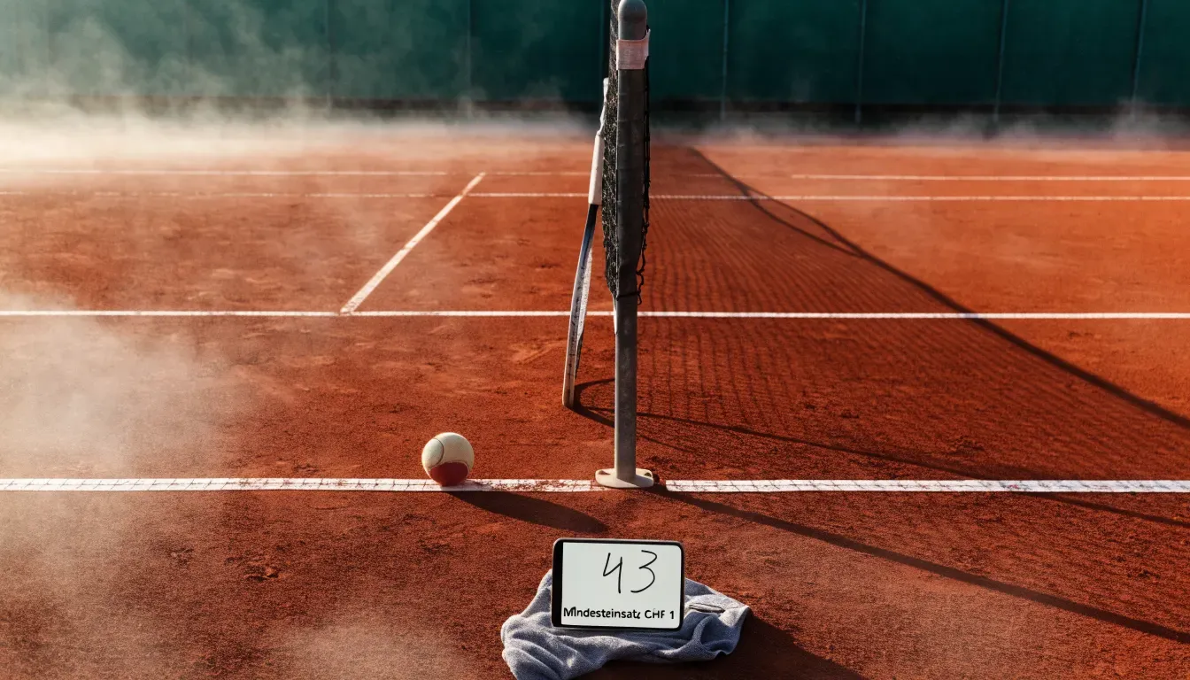 Ein Tennisplatz im Morgengrauen mit gespanntem Netz und feinem Dunst über der roten Asche.