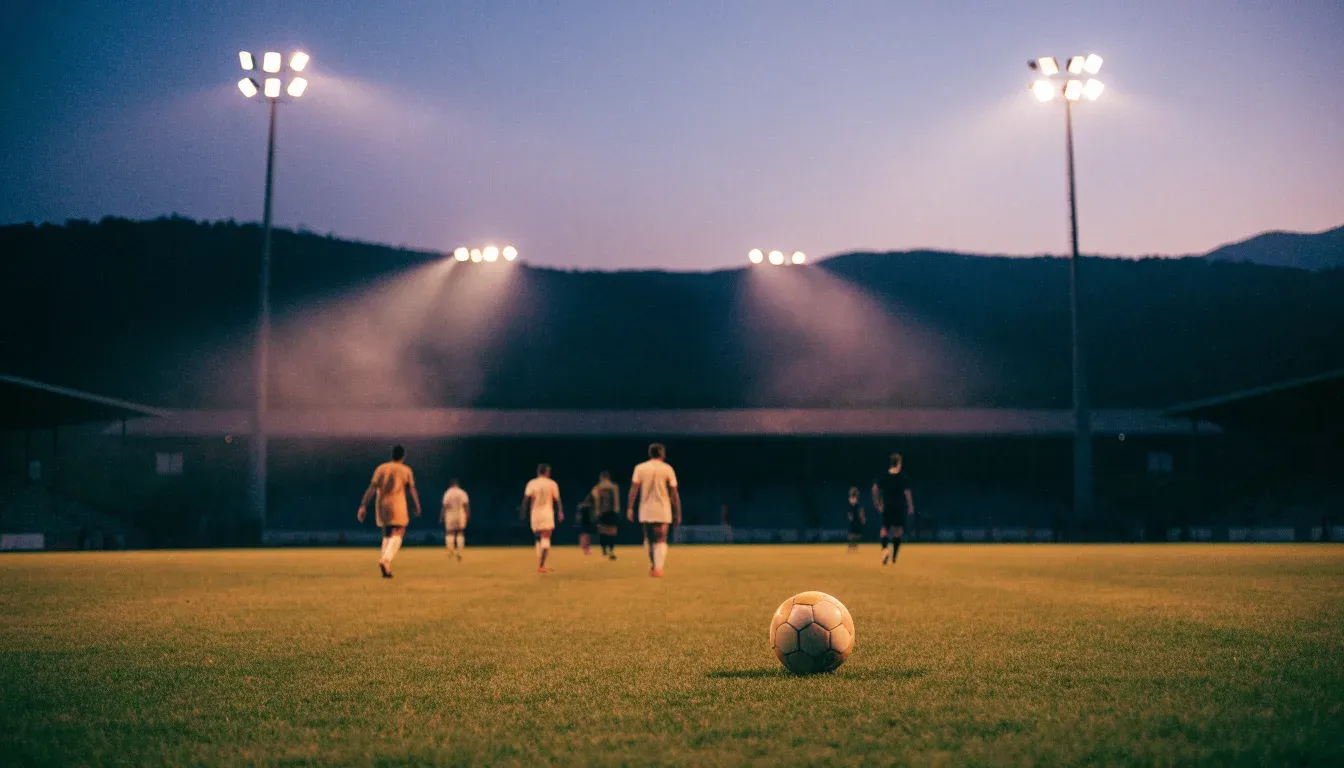 Die Silhouette eines Stadiondachs vor dem violetten Abendhimmel, dahinter eine Hügelkette.