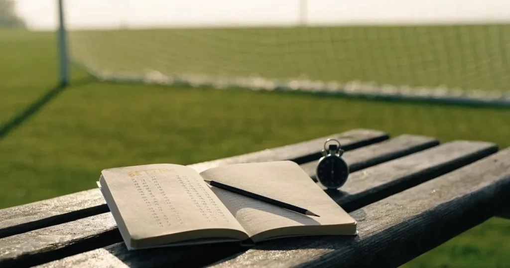 Ein abgegriffenes Notizheft, ein Bleistift und eine Stoppuhr liegen auf einer Bank am Rand eines Trainingsplatzes.