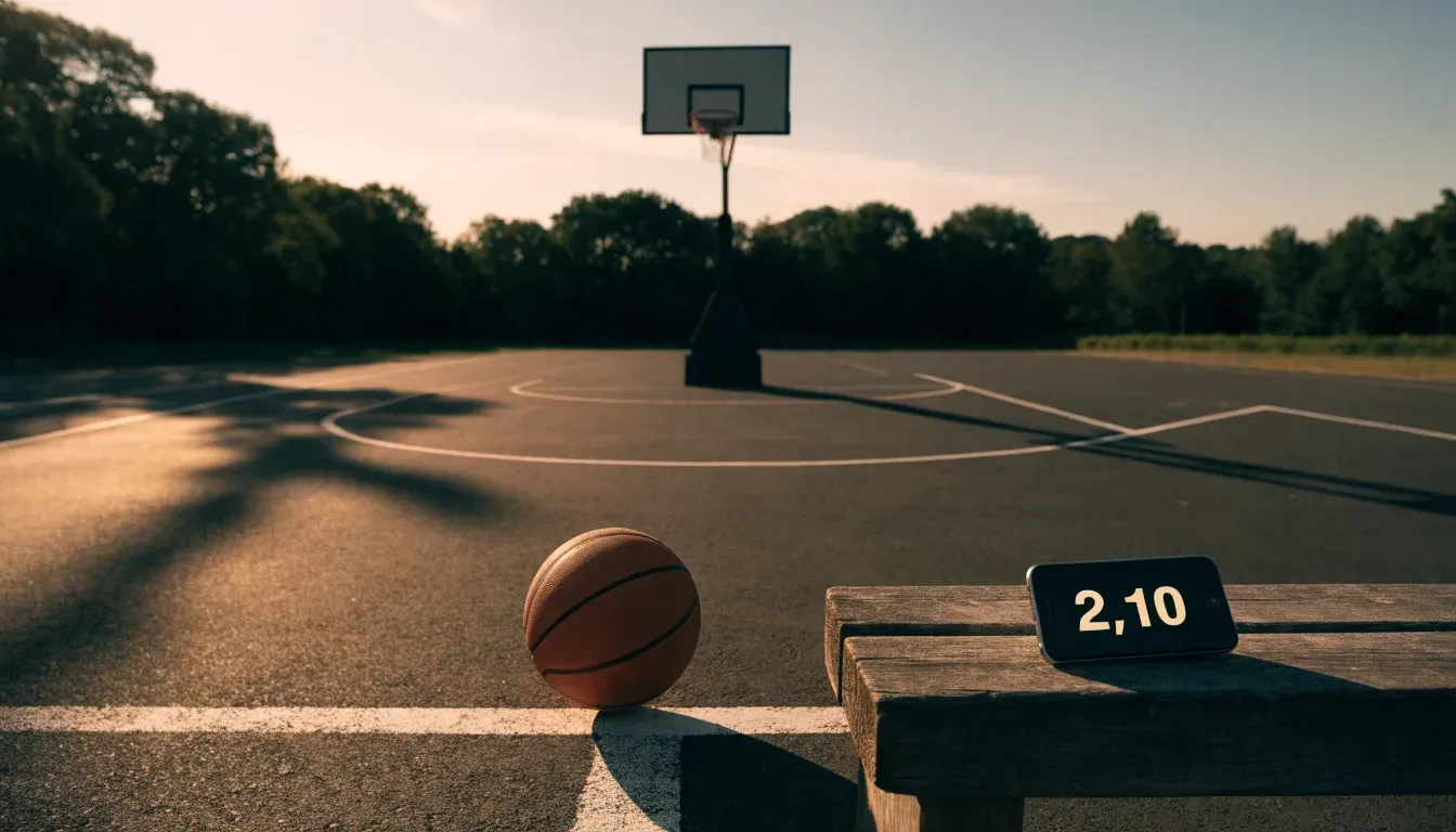 Ein Basketball liegt bei Sonnenuntergang auf einem leeren Aussenplatz, lange Schatten fallen über den Boden.