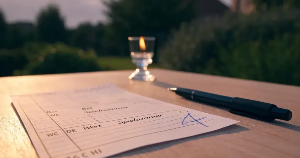 Ein leeres Wettschein-Papier und ein Kugelschreiber liegen auf einem Gartentisch auf einer Terrasse, daneben steht ein Windlicht.