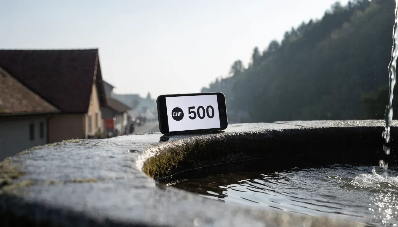 Ein Steinbrunnen auf einem stillen Dorfplatz im ersten Morgenlicht, Wasser fliesst ruhig in das Becken.