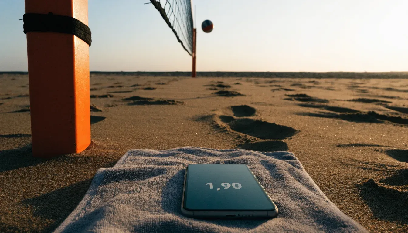 Ein Volleyball liegt auf feinem Sand an einem leeren Strand bei Sonnenaufgang.
