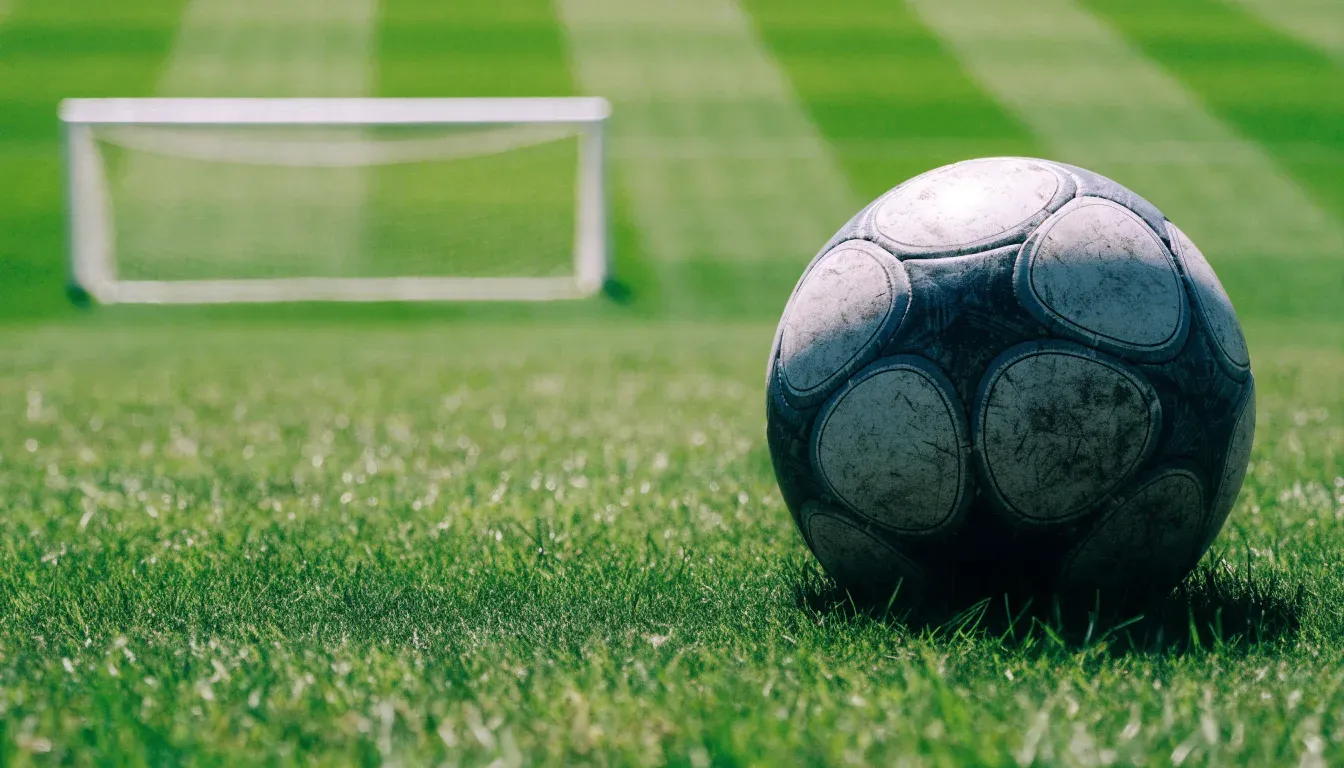 Ein Fussball auf dem Rasen aus niedriger Perspektive aufgenommen, die Torpfosten verschwimmen im Hintergrund.