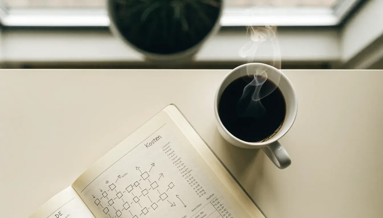 Ein aufgeschlagenes Notizbuch mit handschriftlichen Pfeilen und Kästchen liegt neben einer Kaffeetasse auf einem Schreibtisch am Fenster.