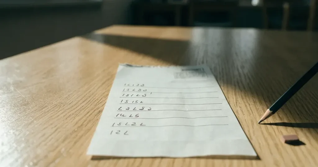 Ein leerer Wettschein aus Papier liegt neben einem Bleistift und einem Radiergummi auf einem hellen Holztisch im Tageslicht.