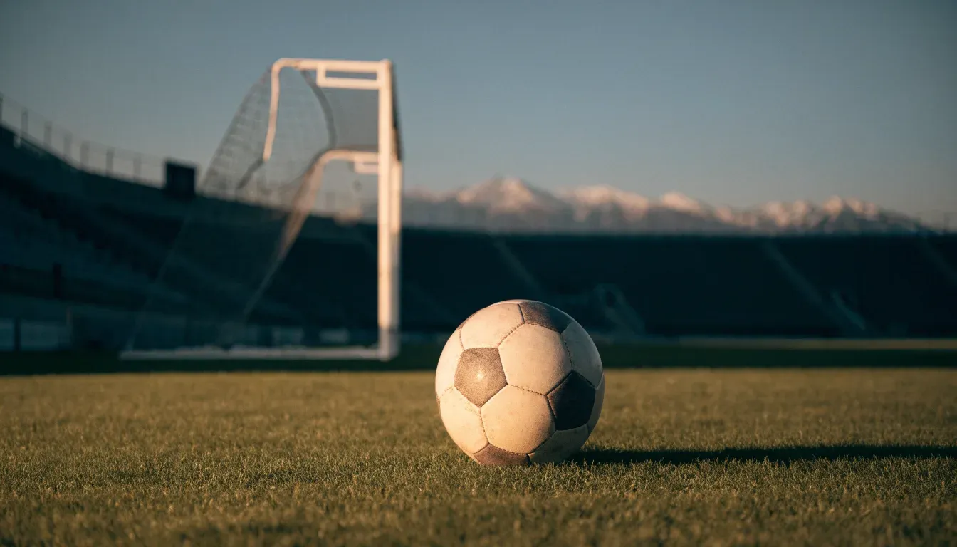 Ein Fussball liegt auf dem Rasen eines leeren Stadions am frühen Abend, dahinter erheben sich schneebedeckte Berge unter klarem Himmel.