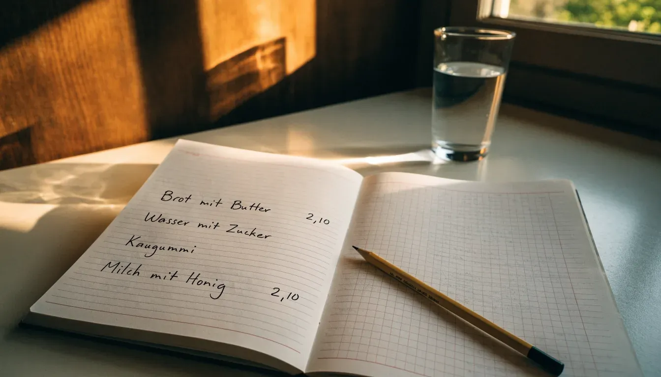 Ein leeres kariertes Heft und ein Bleistift liegen auf einem Küchentisch im warmen Licht des späten Nachmittags.