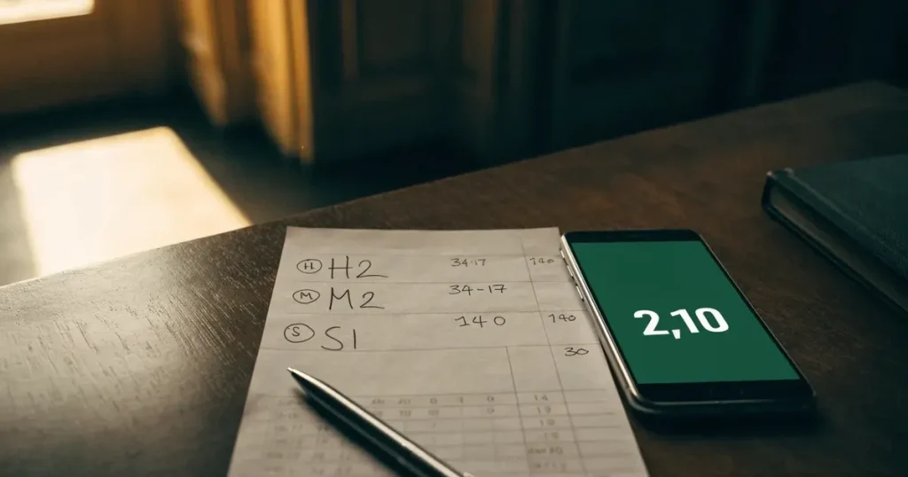 Ein Schachbrett mit mehreren Figuren mitten in einer Partie steht auf einem Holztisch, daneben liegt ein Stift.