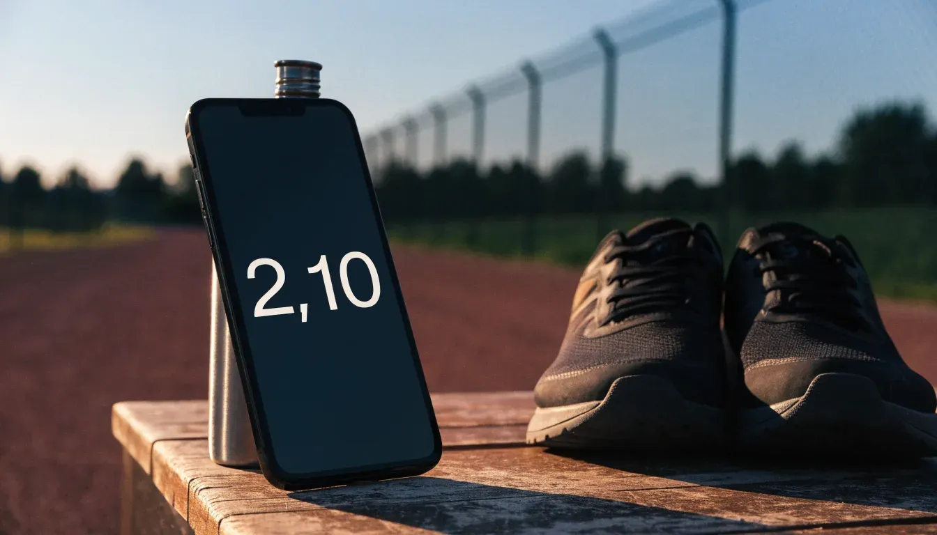 Ein Smartphone mit dunklem Bildschirm lehnt an einer Wasserflasche, daneben stehen Laufschuhe auf einer Bank am Sportplatz.