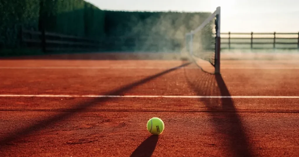 Ein Tennisplatz im ersten Morgenlicht, das Netz hängt leicht durch und auf der Grundlinie liegt ein einzelner Ball.