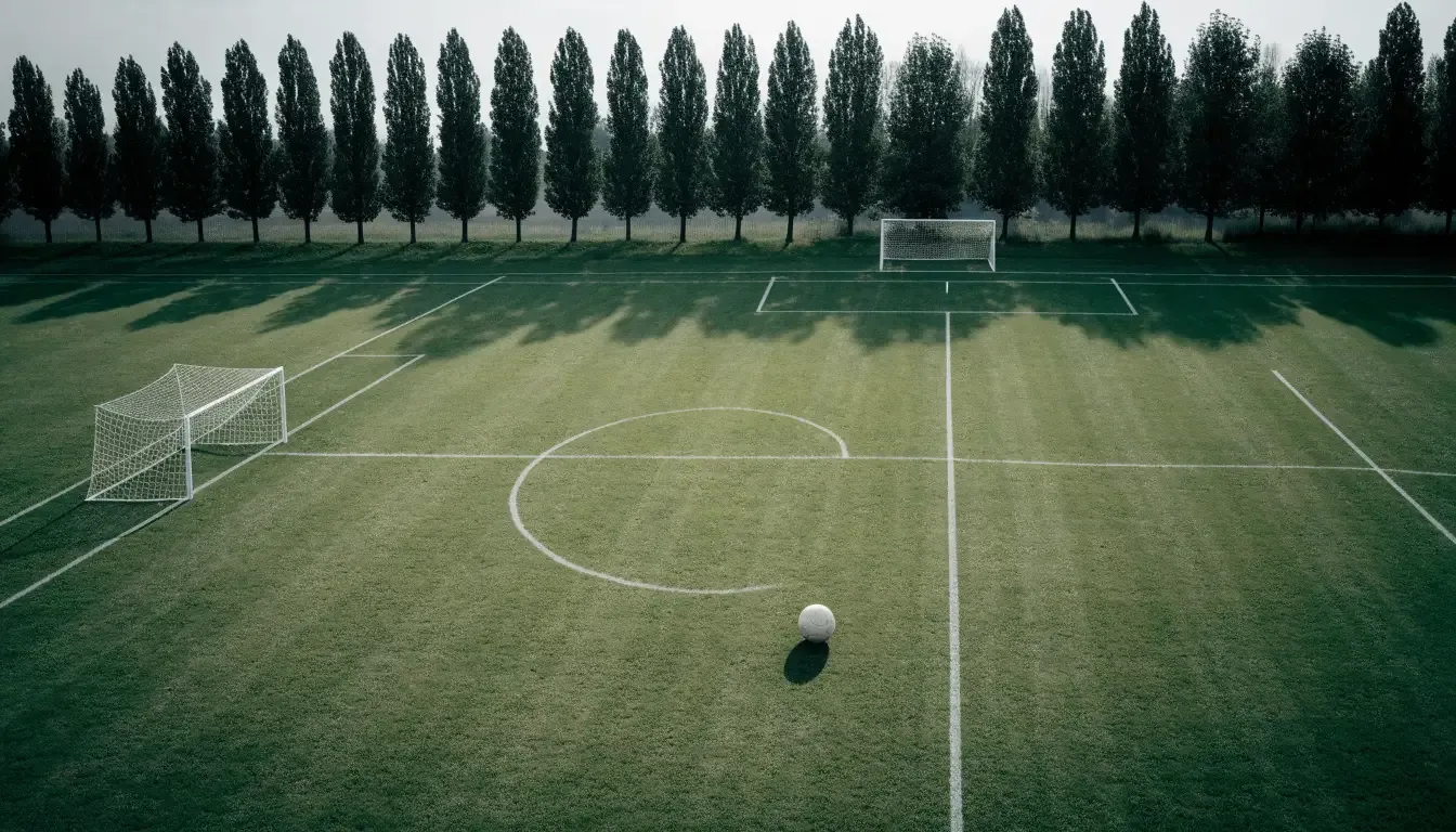 Ein leerer Fussballplatz mit weissen Linien von oben gesehen im Morgenlicht, am Rand stehen zwei Tore und eine Reihe Pappeln.
